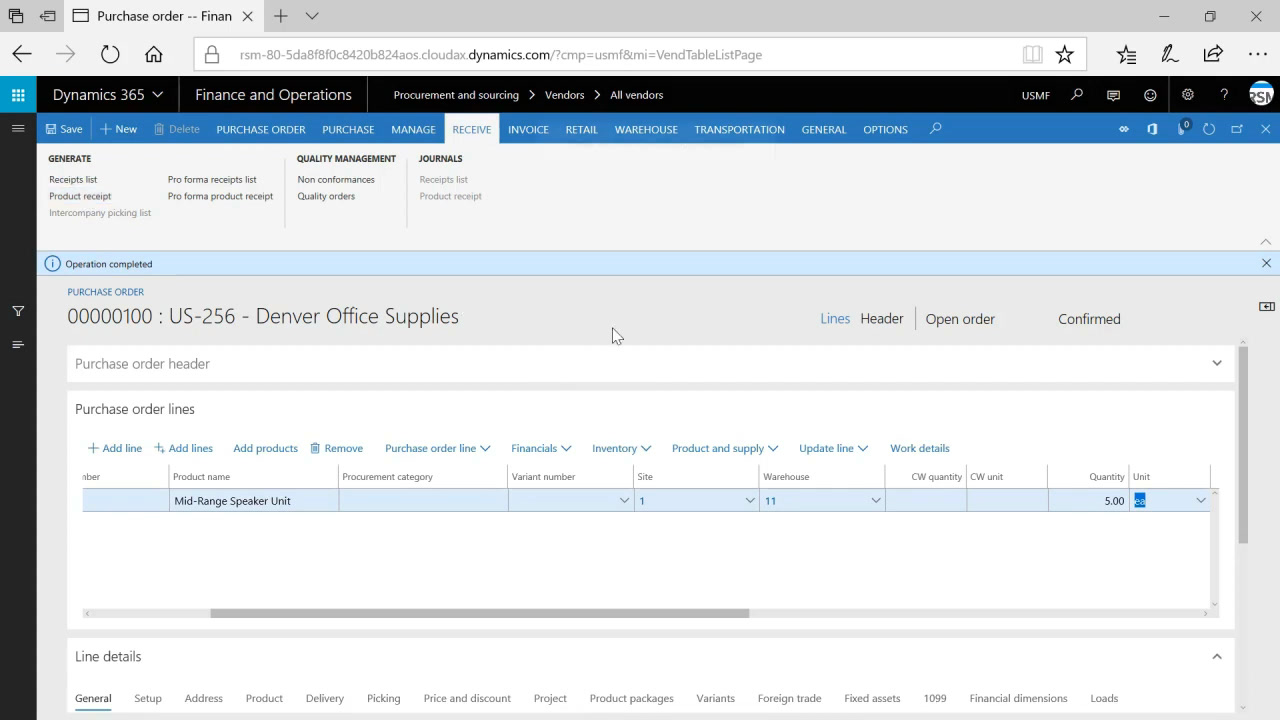Microsoft Dynamics 365 Finance purchase order form with header and line details for a vendor