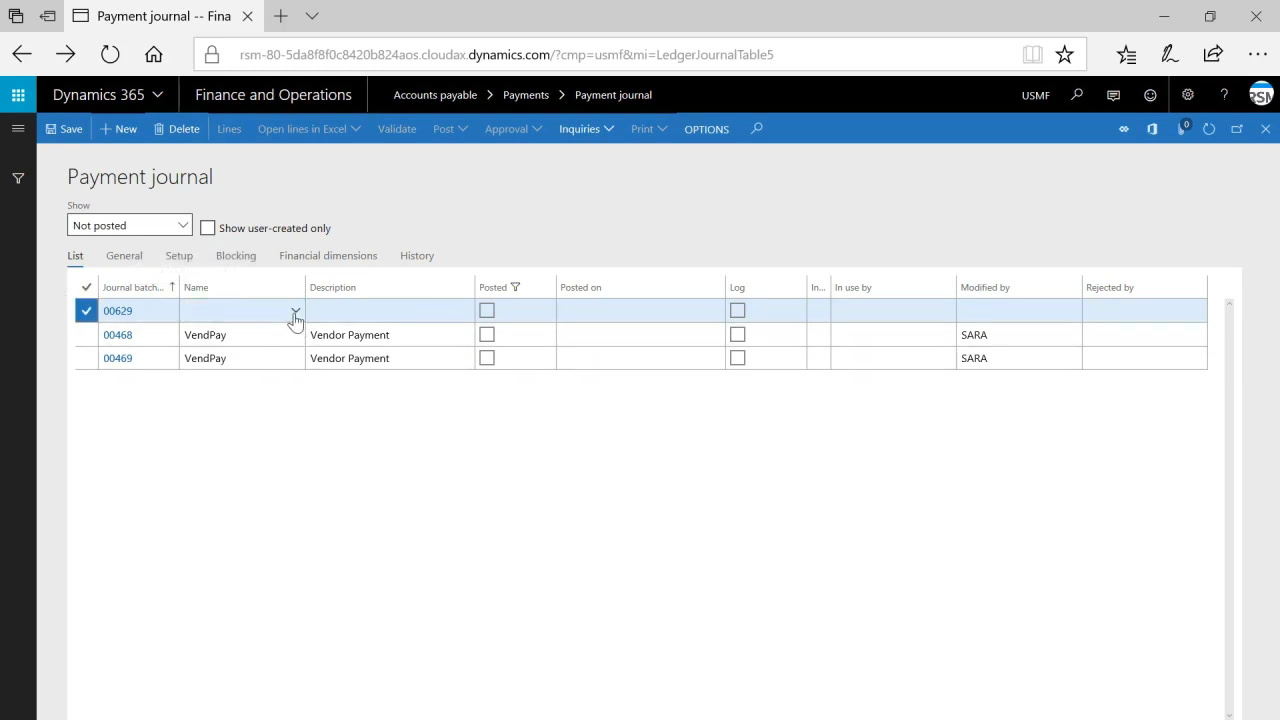 Microsoft Dynamics 365 Finance payment journal with vendor payment lines