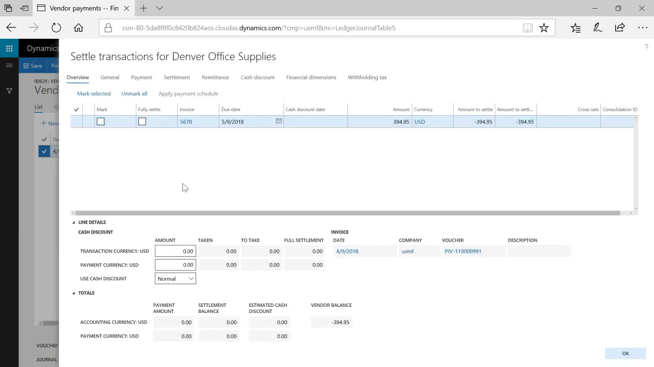 Microsoft Dynamics 365 Finance settle transactions screen for a vendor payment