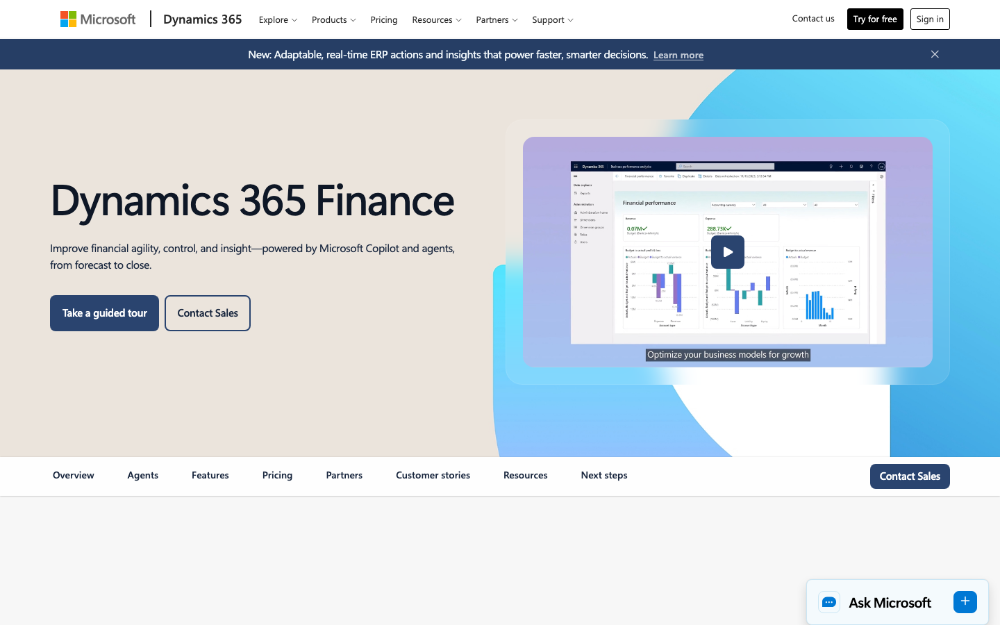 Microsoft Dynamics 365 Finance product page showing AI-powered finance messaging and navigation