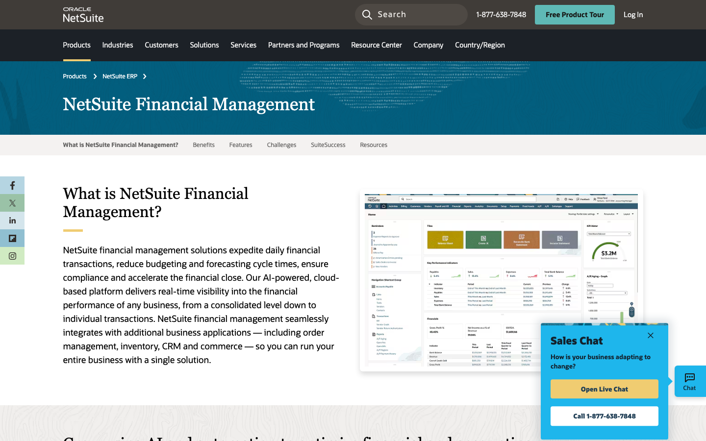 NetSuite Financial Management page showing ERP financial management capabilities and sales chat widget