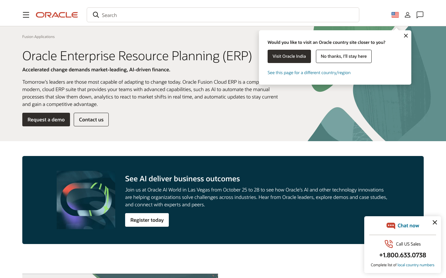 Oracle ERP homepage showing Oracle Fusion Cloud ERP product messaging and navigation bar