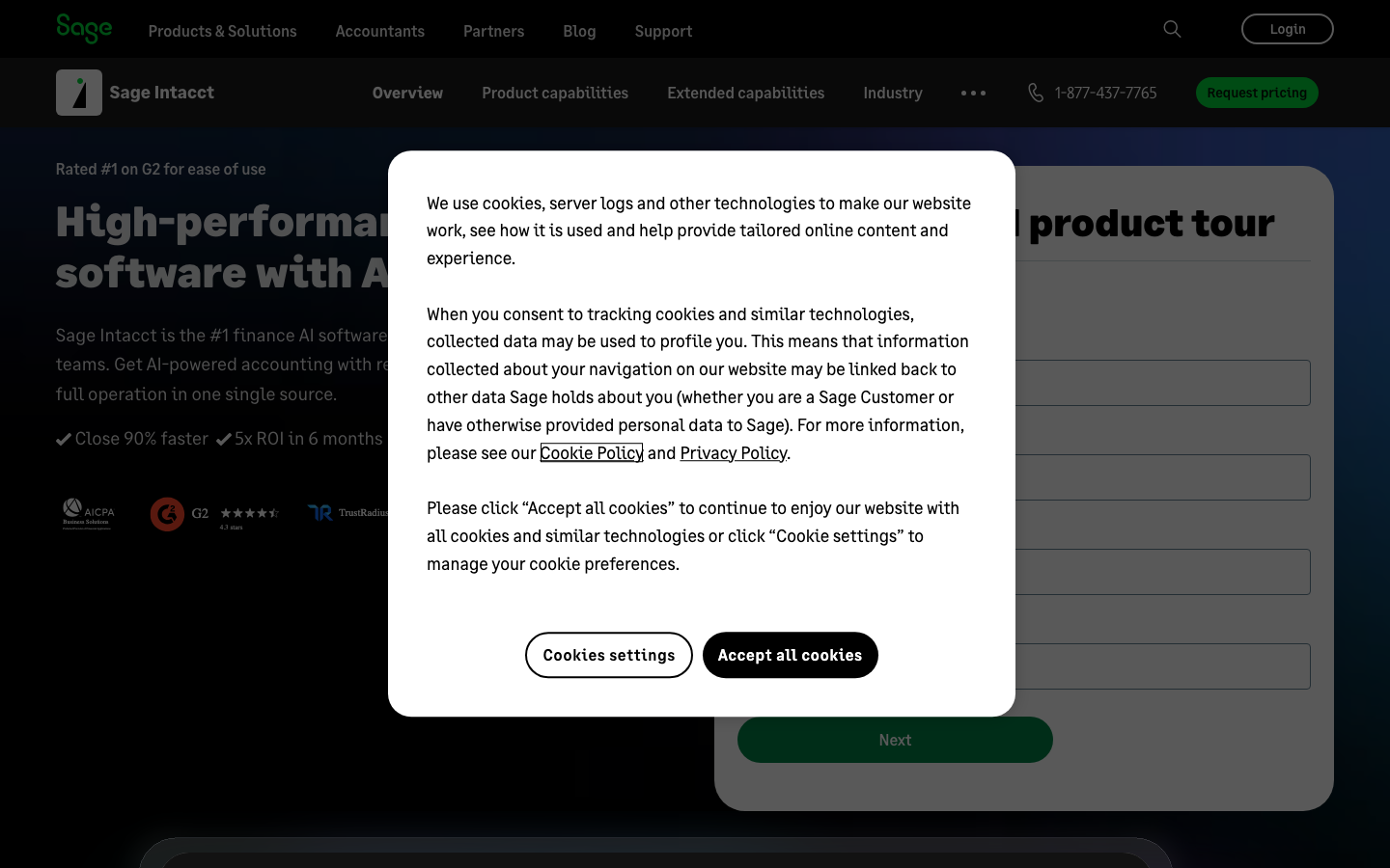 Sage Intacct homepage showing high-performance accounting software headline and product navigation