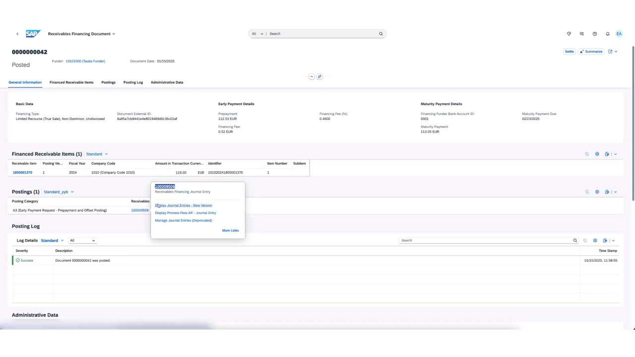 SAP S/4HANA Cloud receivables financing document showing financial receivable items and posting details