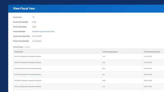 Workday Financial Management View Fiscal Year screen showing fiscal periods and posting intervals for 2024