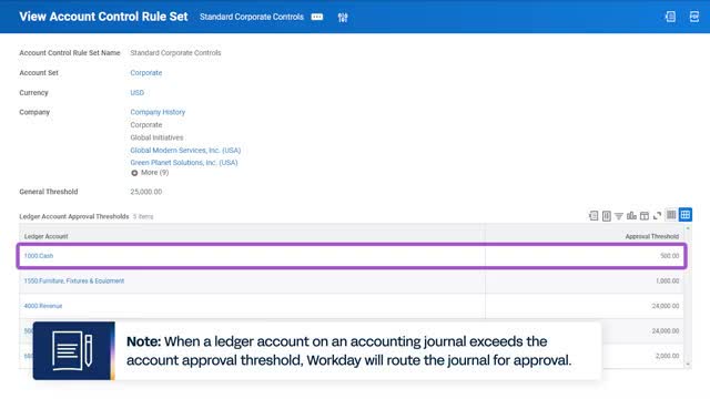 Workday Financial Management View Account Control Rule Set screen showing ledger account approval thresholds