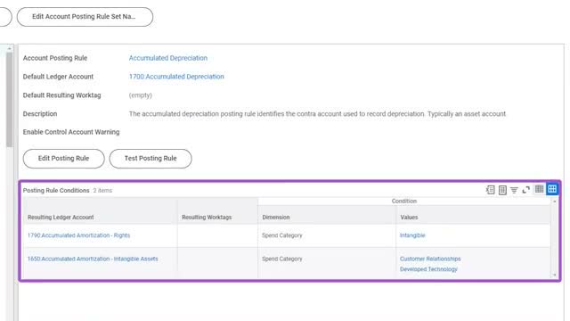 Workday Financial Management Account Posting Rule screen for accumulated depreciation with posting conditions