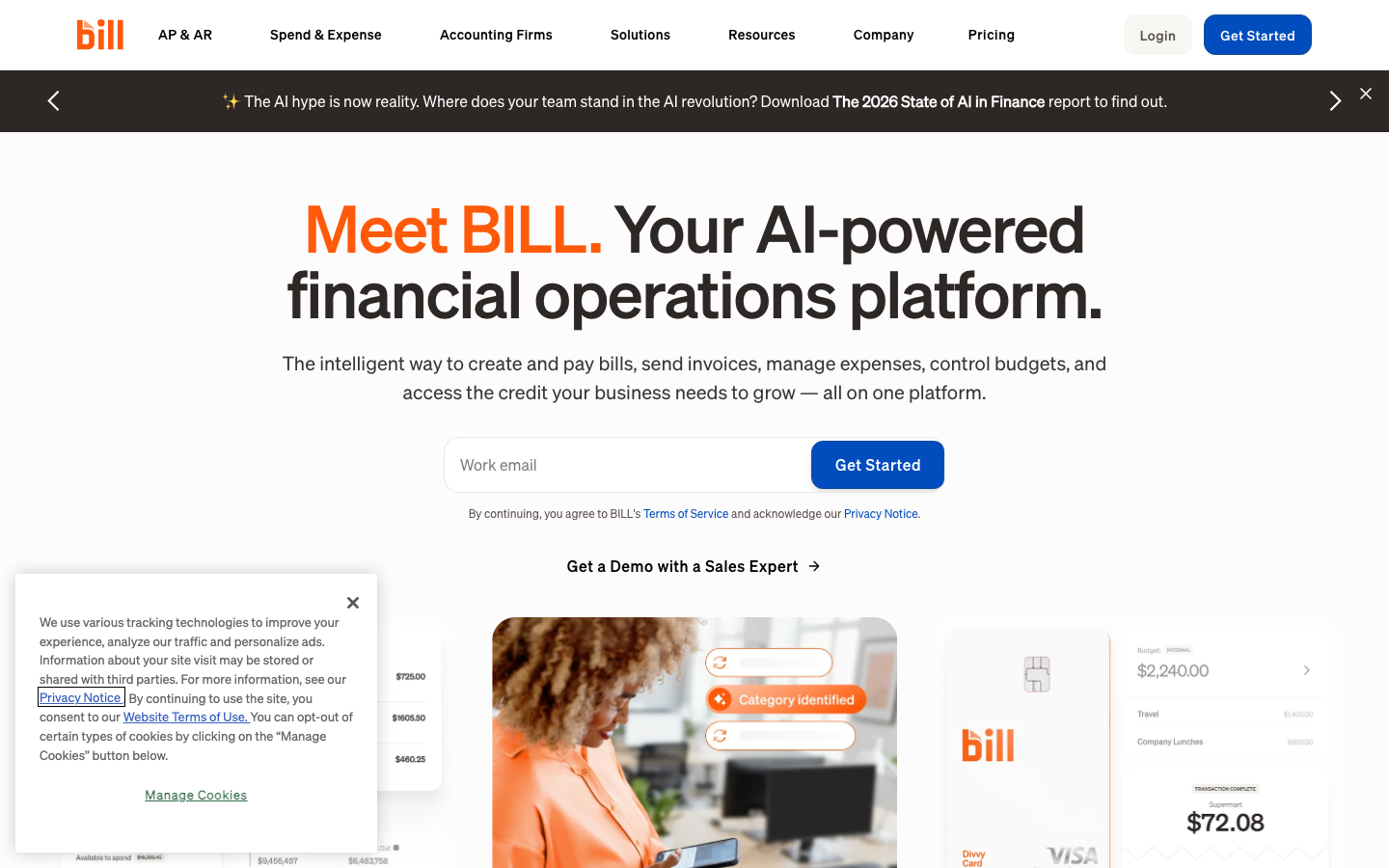 BILL homepage showing AI-powered financial operations platform with corporate cards and expense management