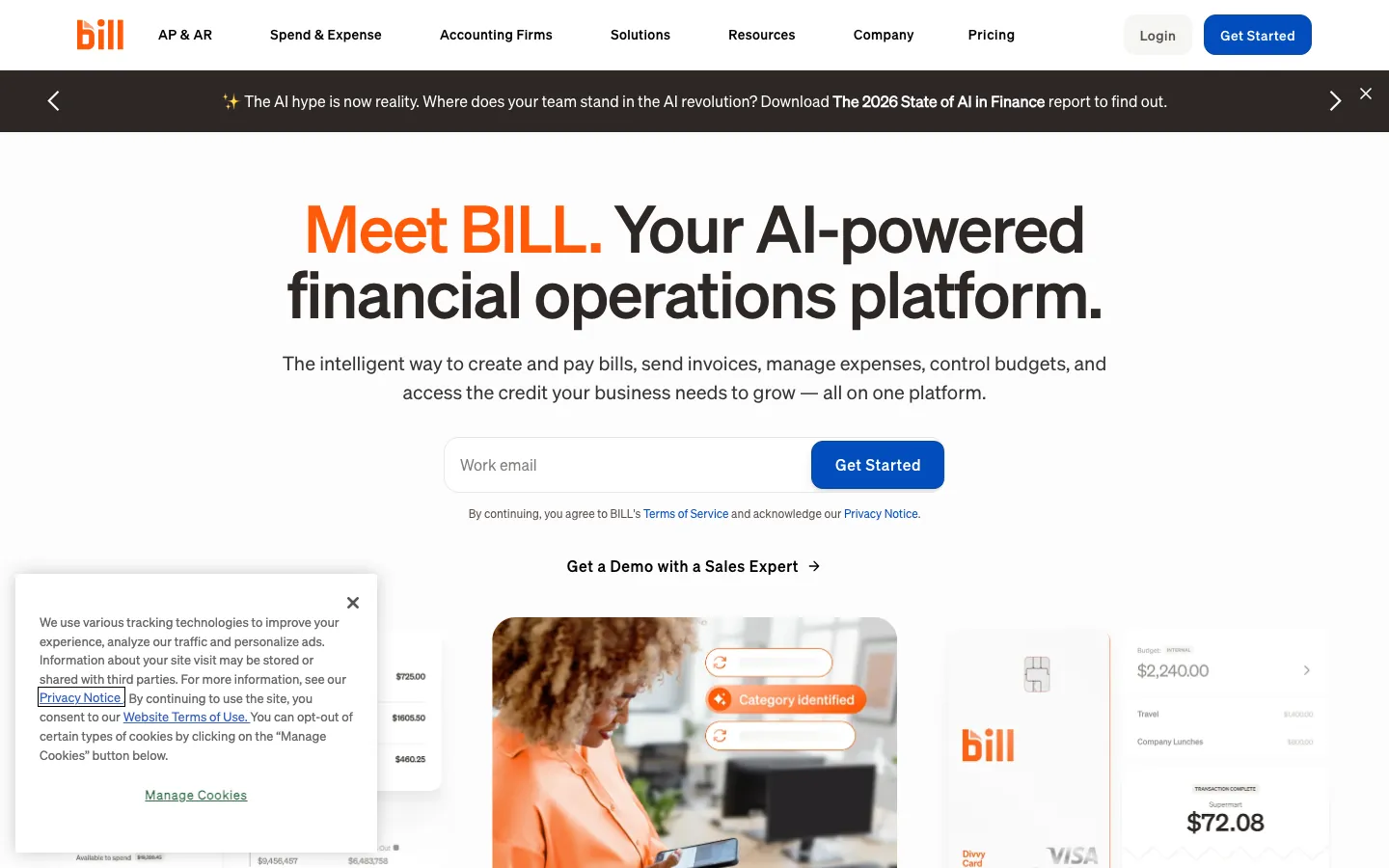BILL homepage showing AI-powered financial operations platform with corporate cards and expense management