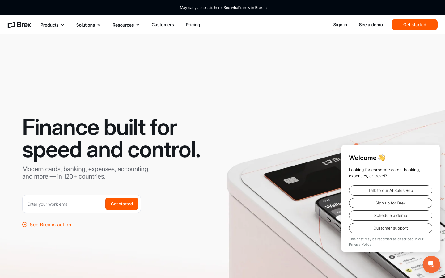 Brex homepage showing corporate cards, banking and expense management for 120+ countries