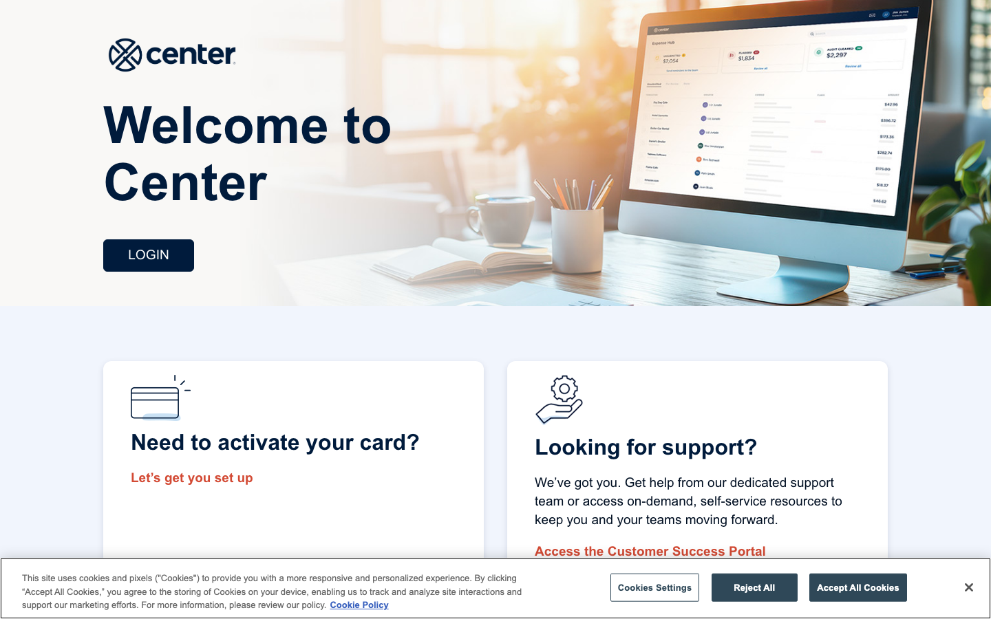 Center expense management welcome page showing corporate card activation and team spend support
