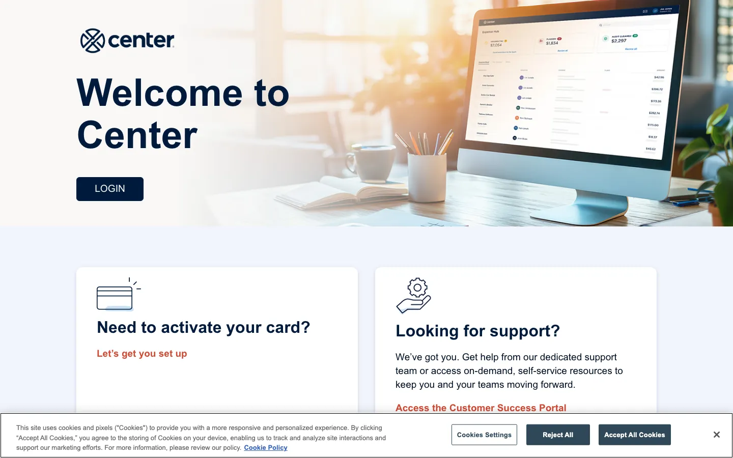 Center expense management welcome page showing corporate card activation and team spend support