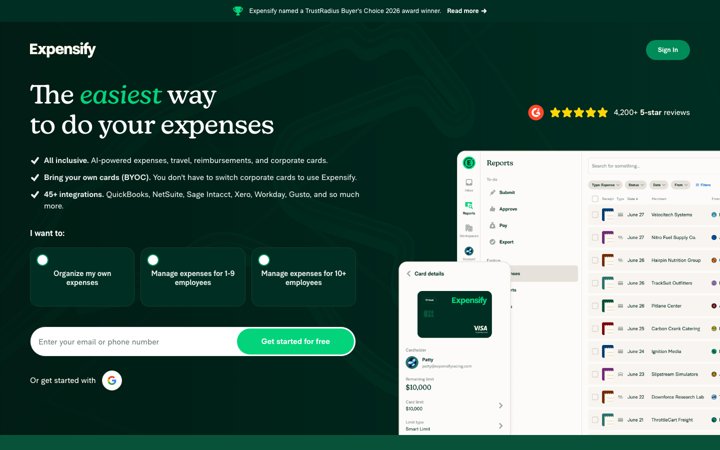 Expensify homepage showing SmartScan receipt scanning and expense management for individuals and teams