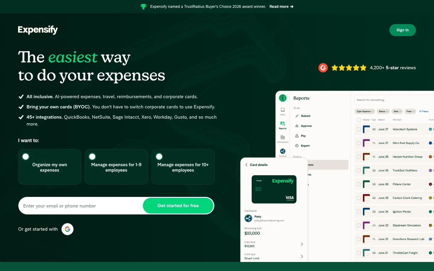 Expensify homepage showing SmartScan receipt scanning and expense management for individuals and teams