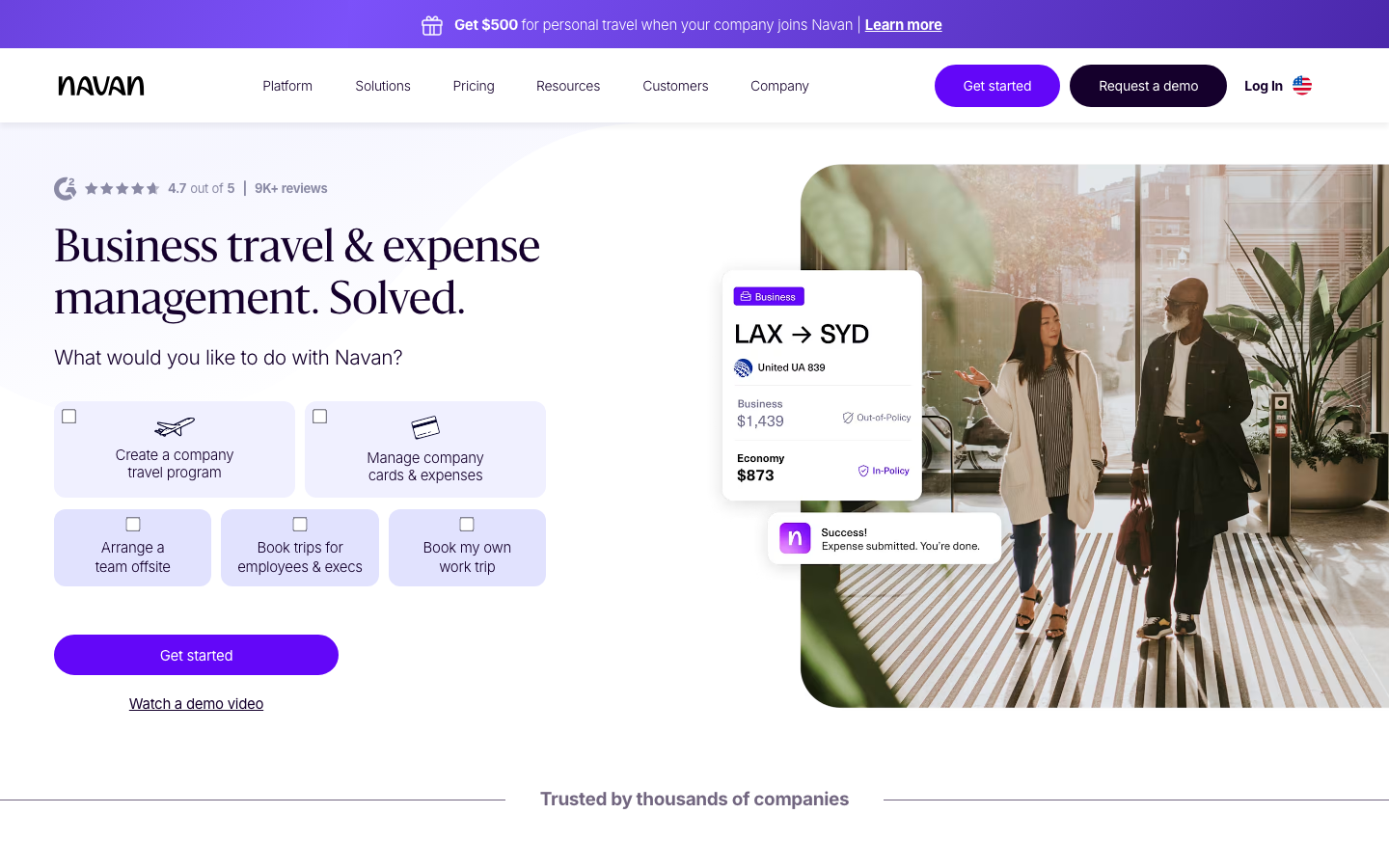 Navan homepage showing business travel and expense management platform with booking interface
