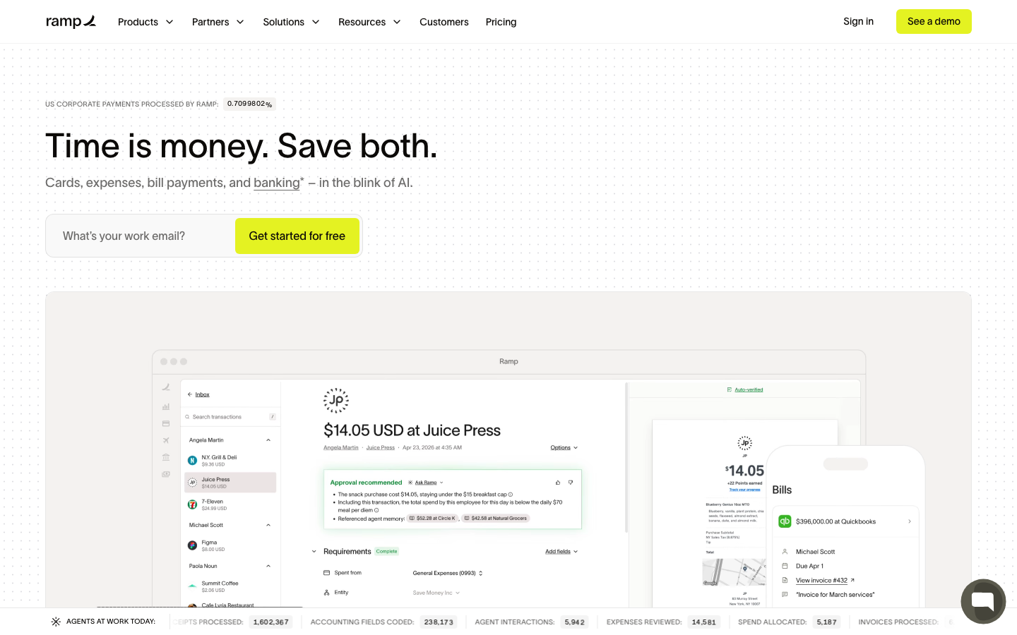 Ramp homepage showing corporate card dashboard with AI-powered expense automation and spend analytics