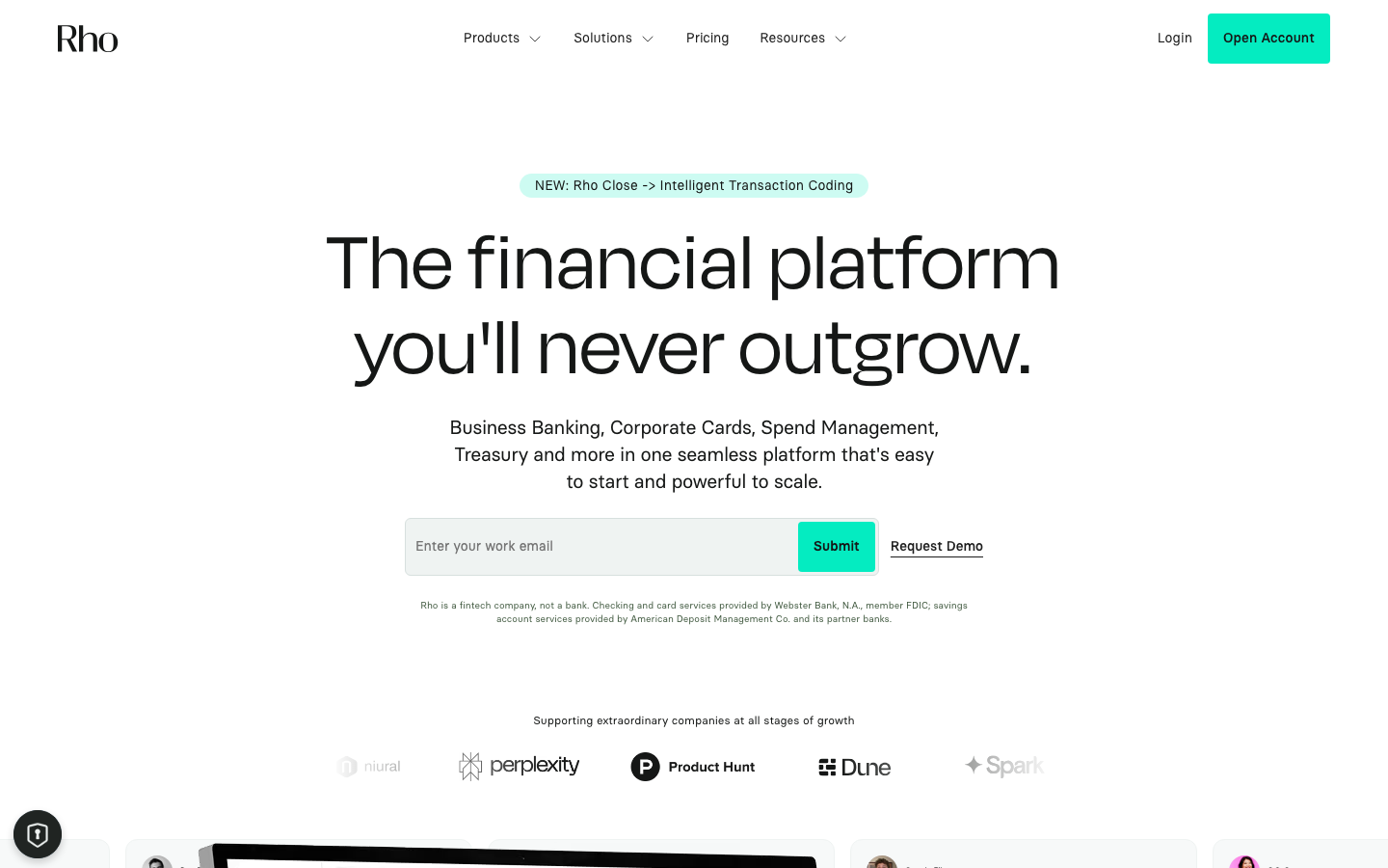 Rho homepage showing financial platform with business banking, corporate cards, and spend management