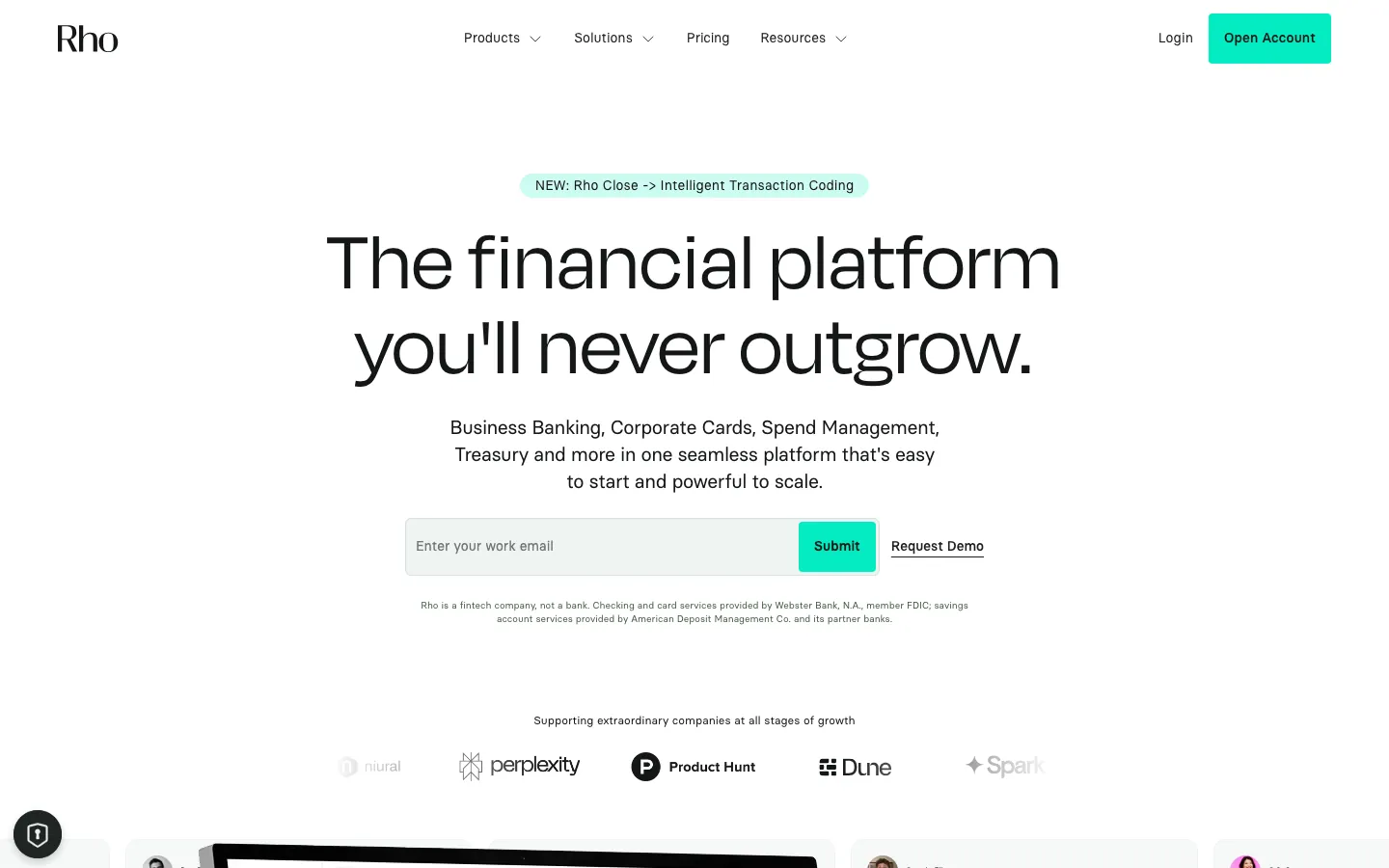 Rho homepage showing financial platform with business banking, corporate cards, and spend management