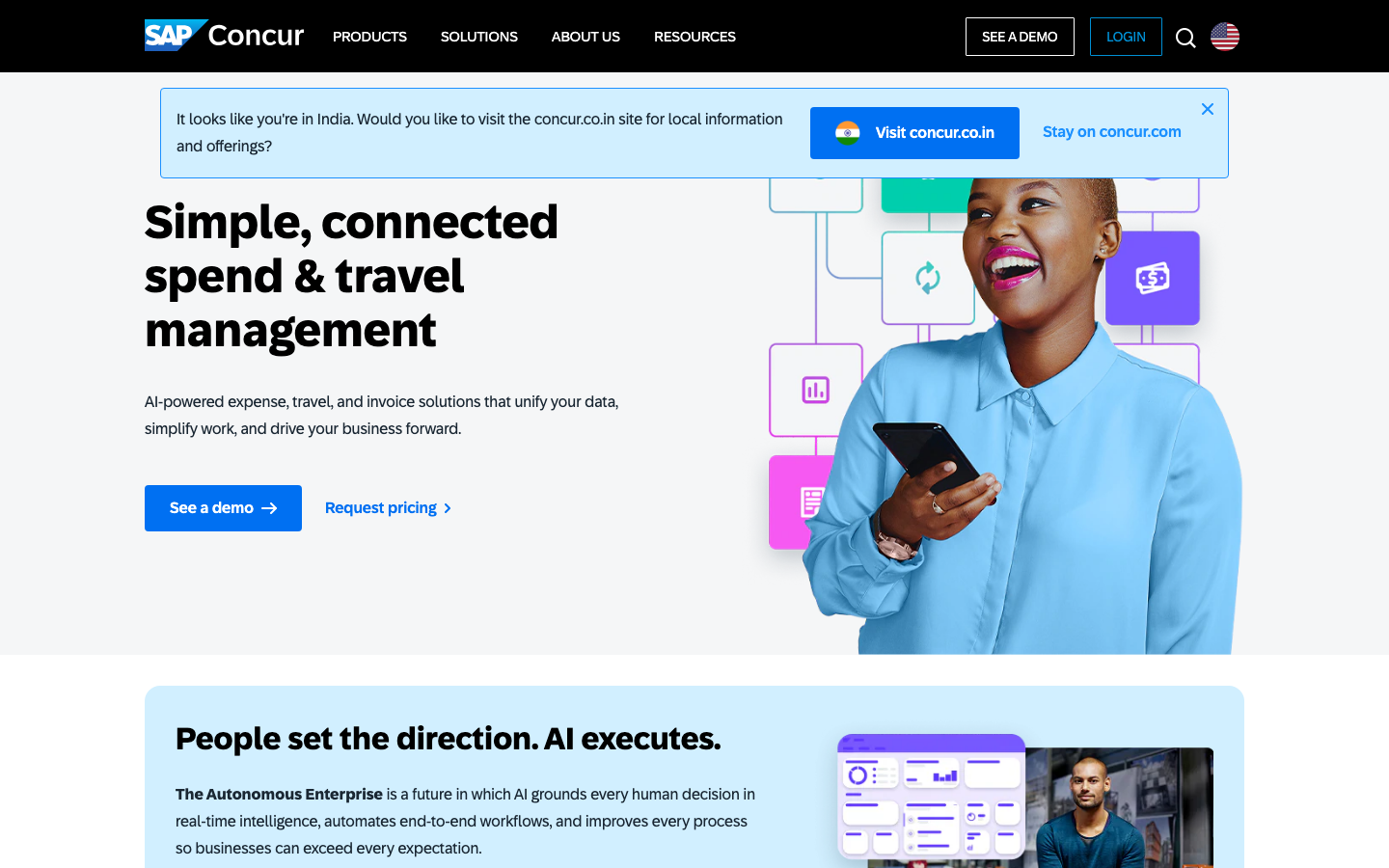 SAP Concur homepage showing AI-powered spend and travel management with global compliance features
