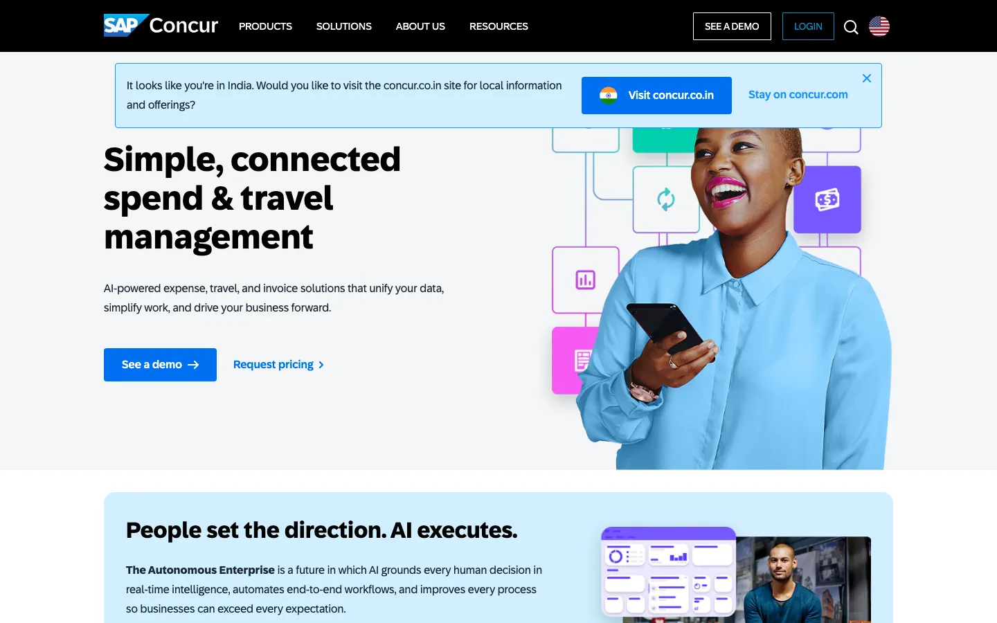 SAP Concur homepage showing AI-powered spend and travel management with global compliance features