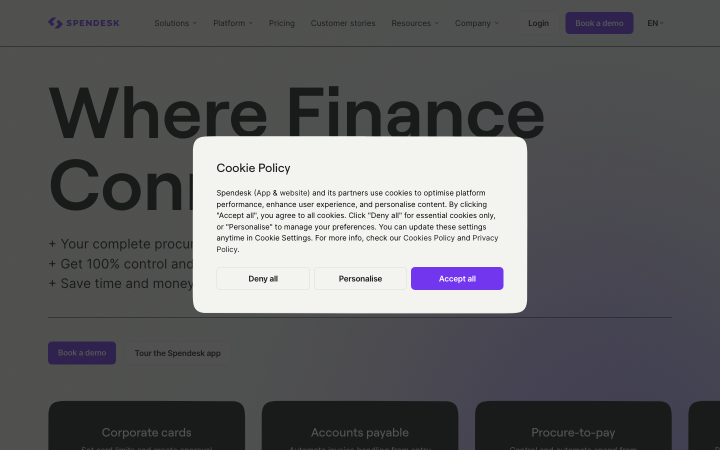 Spendesk homepage showing corporate cards, accounts payable, and procurement spend control platform
