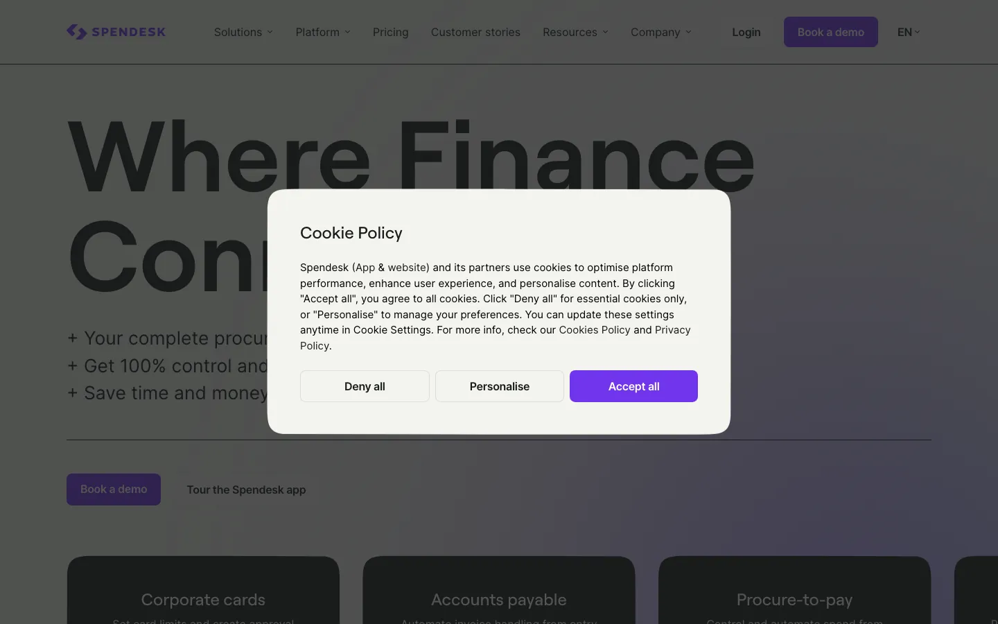 Spendesk homepage showing corporate cards, accounts payable, and procurement spend control platform