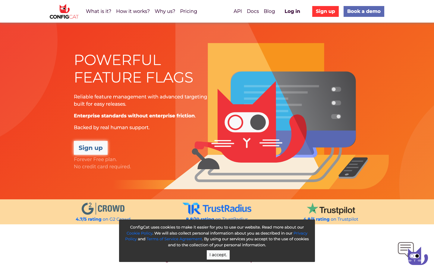 ConfigCat homepage showing feature flag service dashboard and SDK integration options