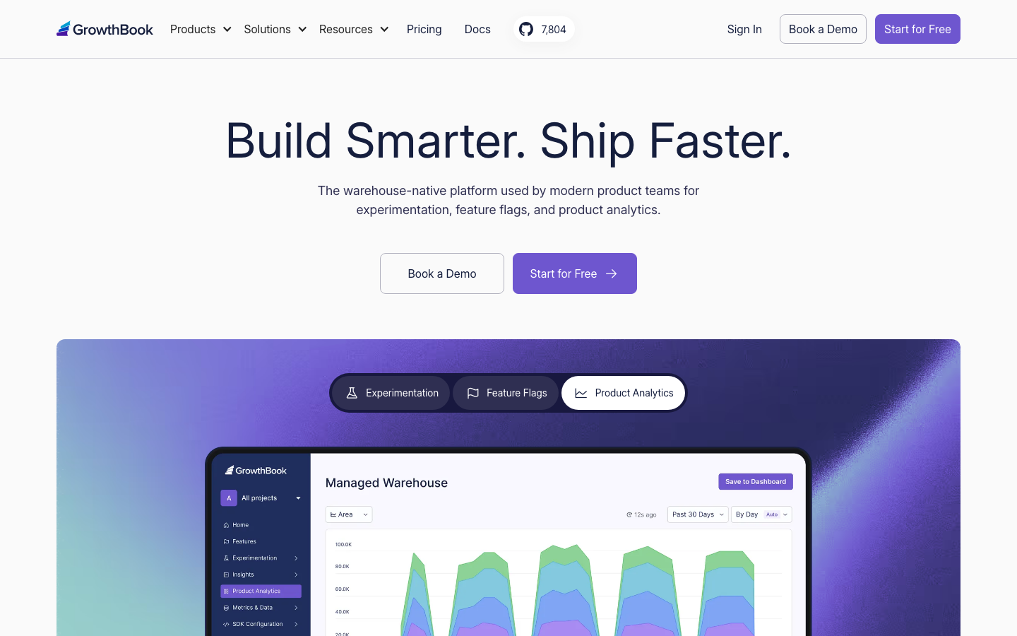 GrowthBook homepage showing warehouse-native experimentation platform with feature flags and analytics tabs