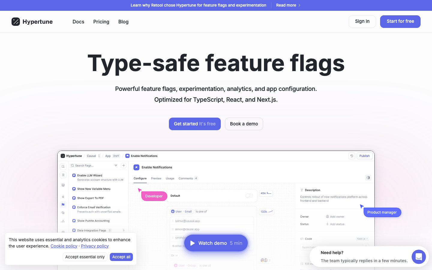Hypertune homepage showing type-safe feature flags for TypeScript React and Next.js with product dashboard