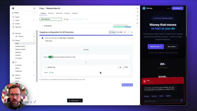 LaunchDarkly AI Config dashboard showing targeting configuration for a production RAG workflow