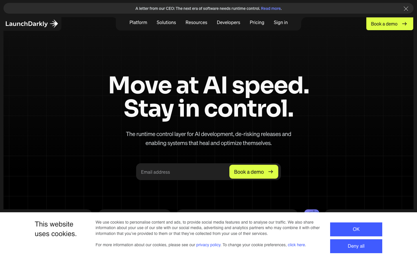 LaunchDarkly homepage showing AI-speed runtime control messaging and feature flag demo CTA