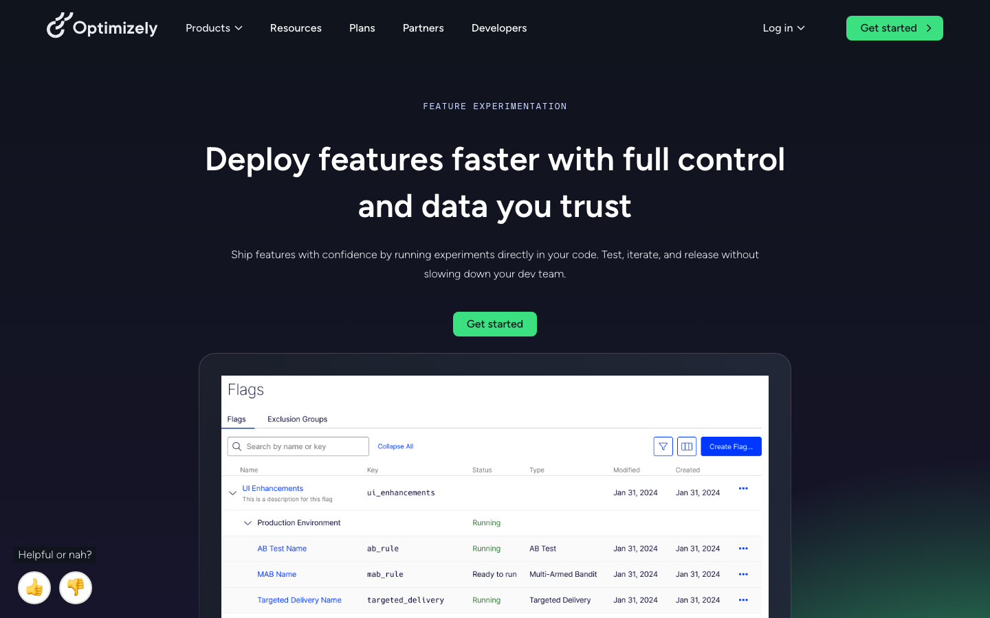Optimizely Feature Experimentation product page showing flag management interface with running experiments