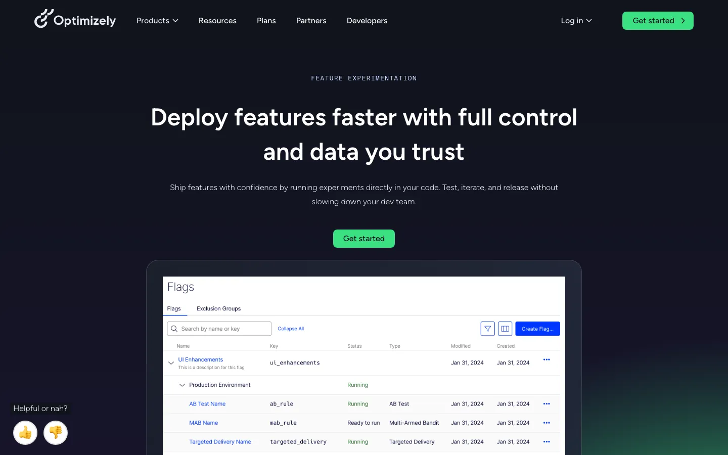 Optimizely Feature Experimentation product page showing flag management interface with running experiments