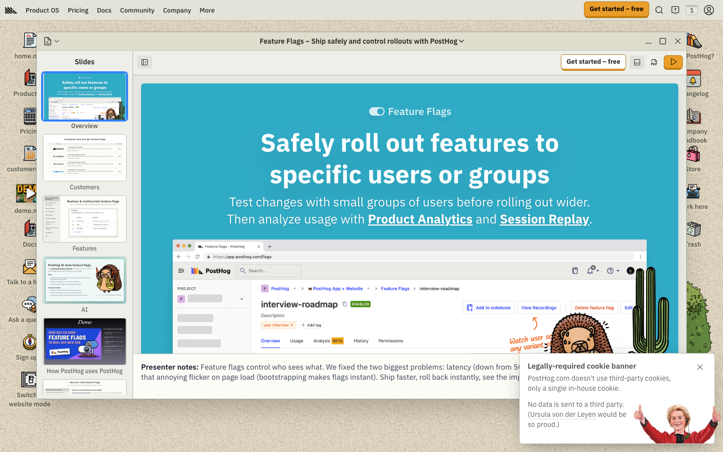 PostHog product suite homepage showing feature flags alongside analytics, session replay, and error tracking