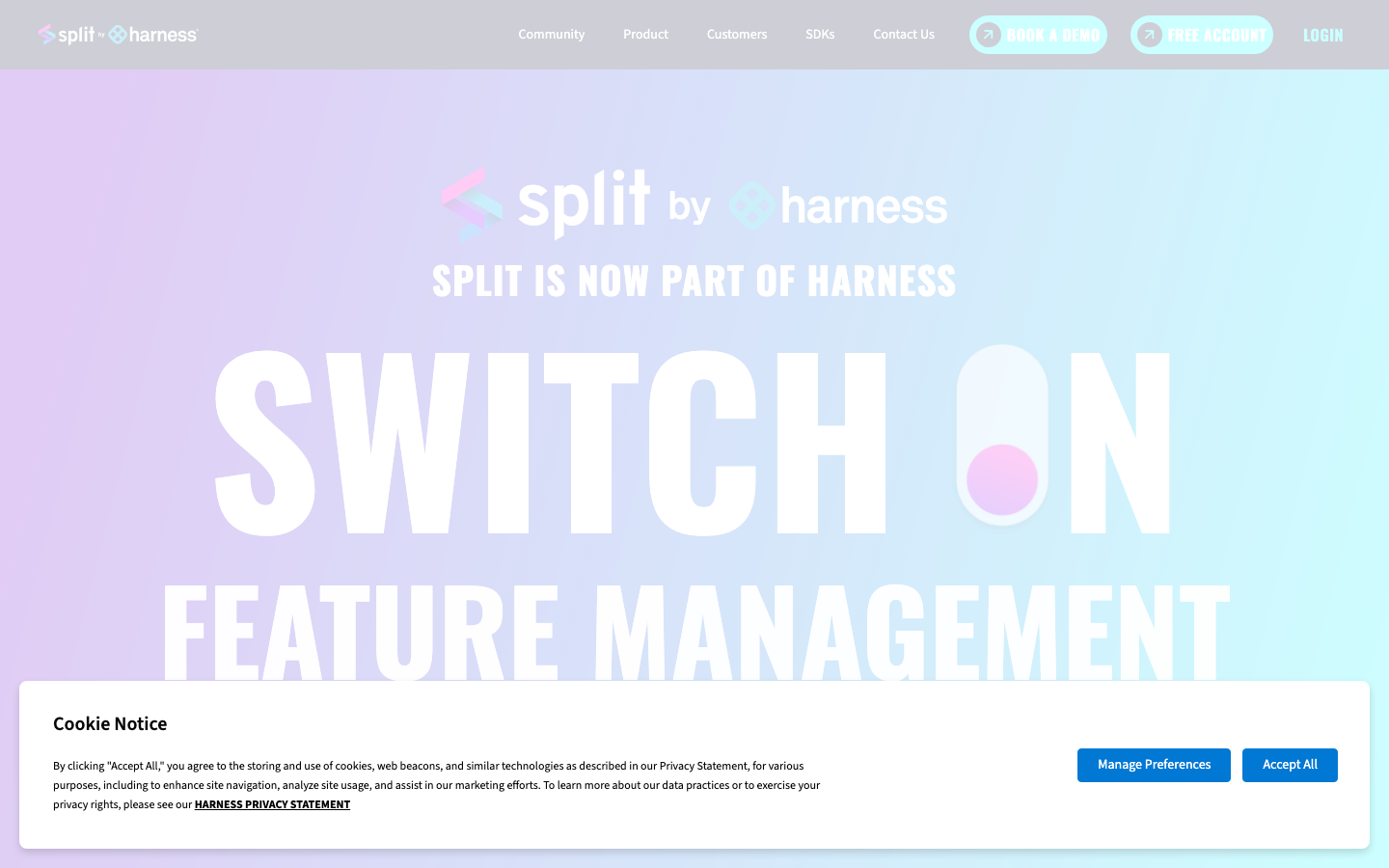 Split by Harness homepage showing feature management and CI/CD integration messaging