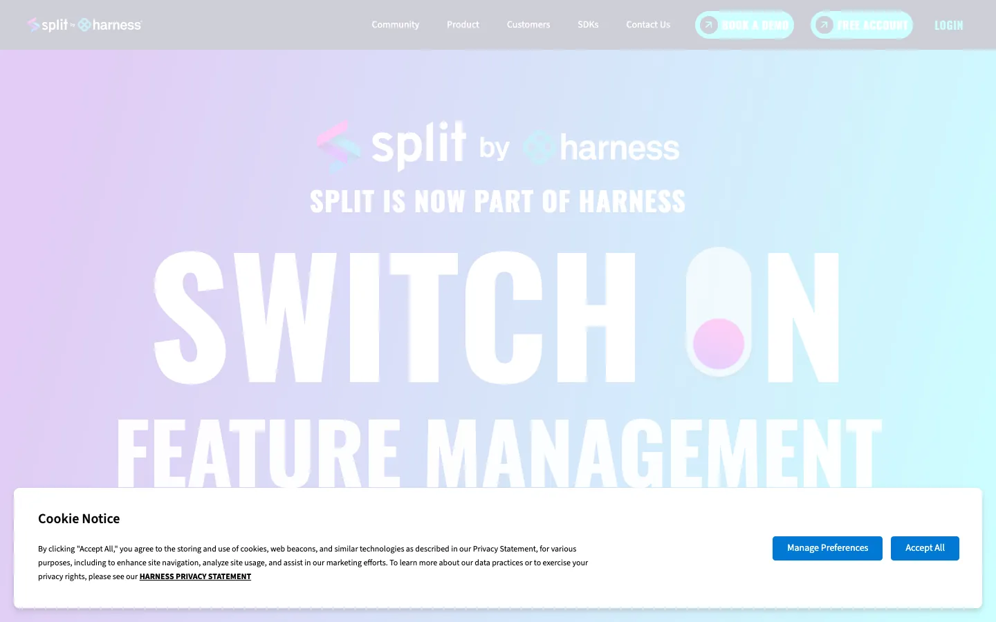 Split by Harness homepage showing feature management and CI/CD integration messaging