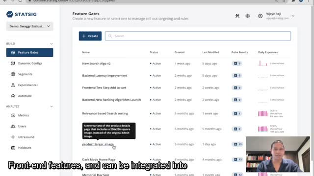 Statsig metrics dashboard showing product events, checkout events, and purchase event trend charts