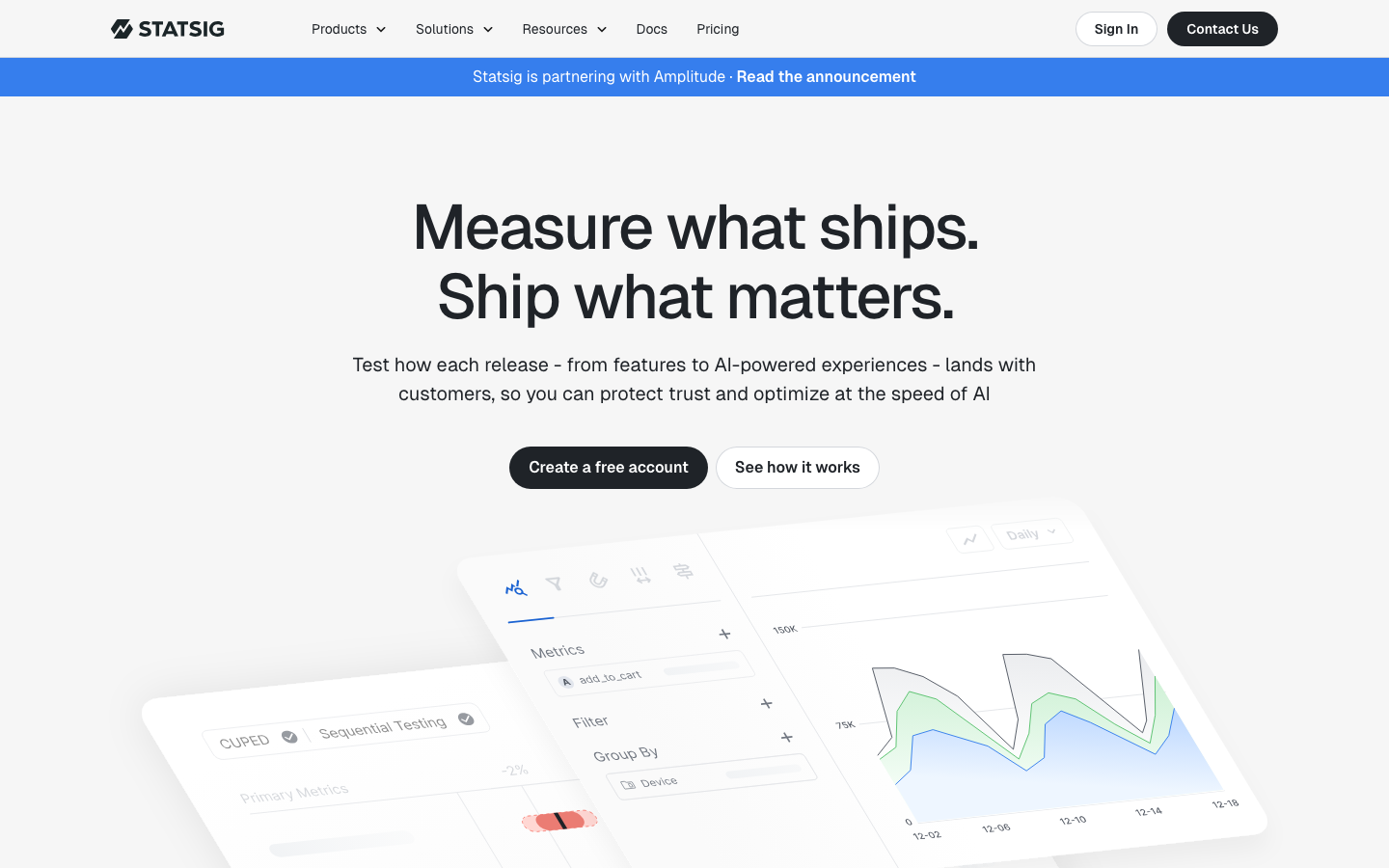 Statsig homepage showing experimentation and metrics dashboard with CUPED and sequential testing labels