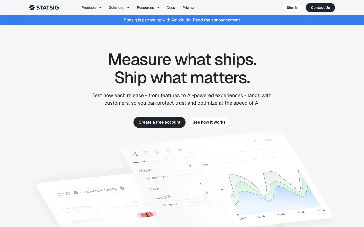 Statsig homepage showing experimentation and metrics dashboard with CUPED and sequential testing labels