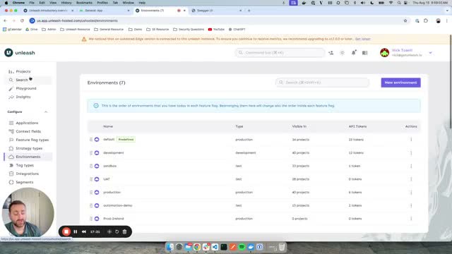Unleash admin dashboard showing the environments list with production and development rows
