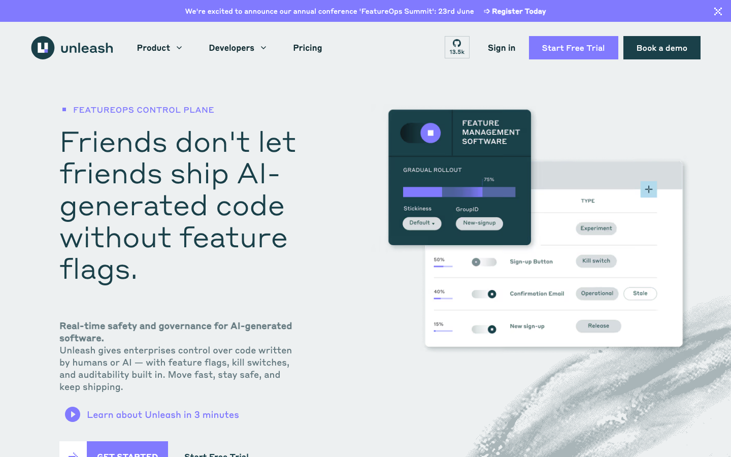 Unleash feature flag platform homepage showing open-source flag management and cloud option