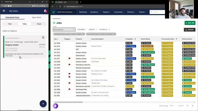 BuildOps dashboard showing estimating and service dispatch for commercial contractors