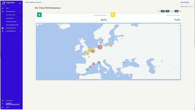 CargoWise on-time performance dashboard with a European carrier map