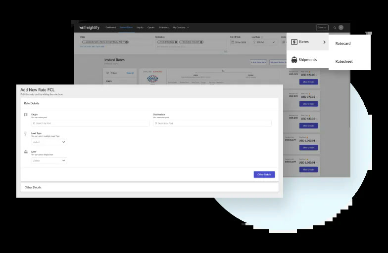 Freightify add new rate FCL modal open over the instant rates results list