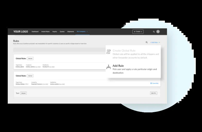 Freightify automation rules screen showing global rate manipulation rules