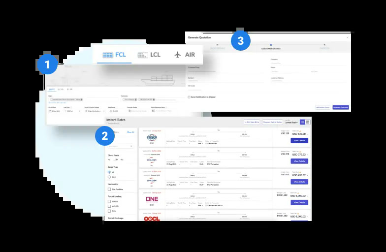 Freightify instant rates results list with a generate quotation modal open
