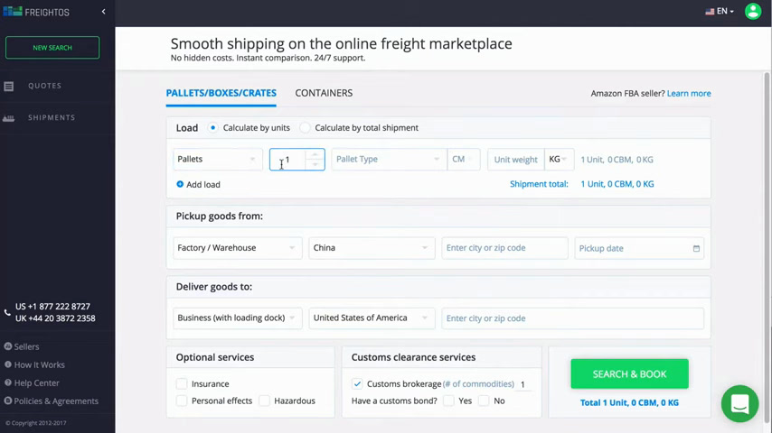 Freightos search and book form for comparing freight rates by pallets, boxes, or crates
