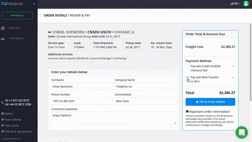 Freightos order details and review-and-pay screen with freight cost and payment method