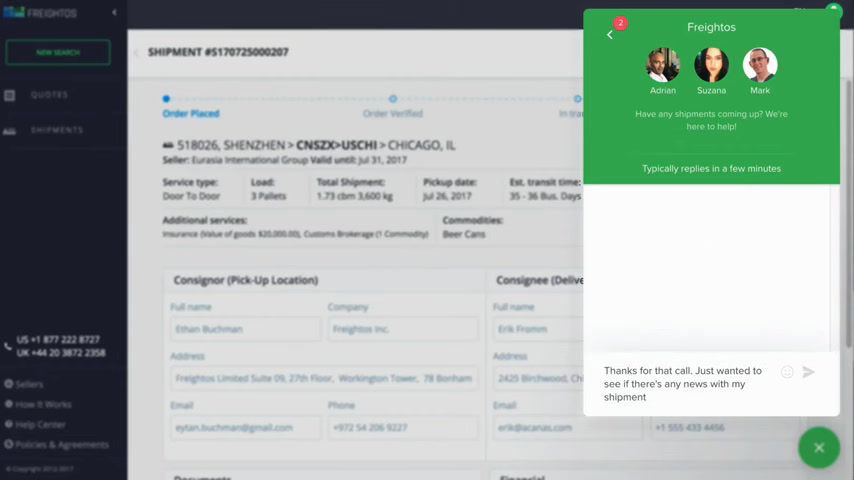 Freightos shipment tracking view with a live chat widget open