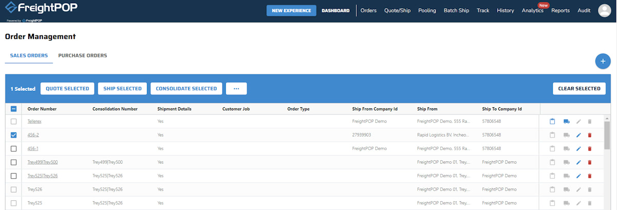 FreightPOP order management screen listing sales orders with shipment details